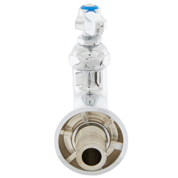 A T&S chrome faucet with a white and blue lever handle and a white index.
