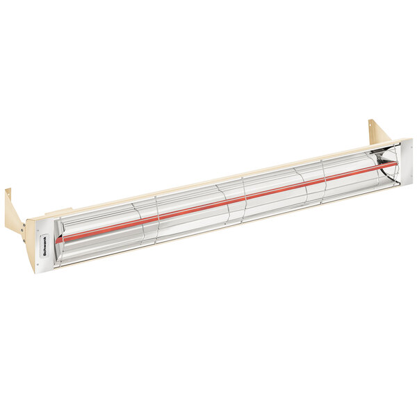 A beige rectangular metal Schwank indoor/outdoor patio heater with a red light.