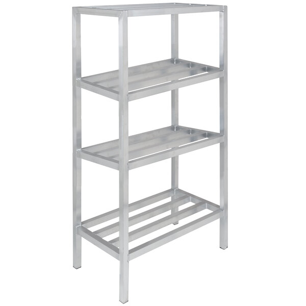 a silver metal shelf with four shelves