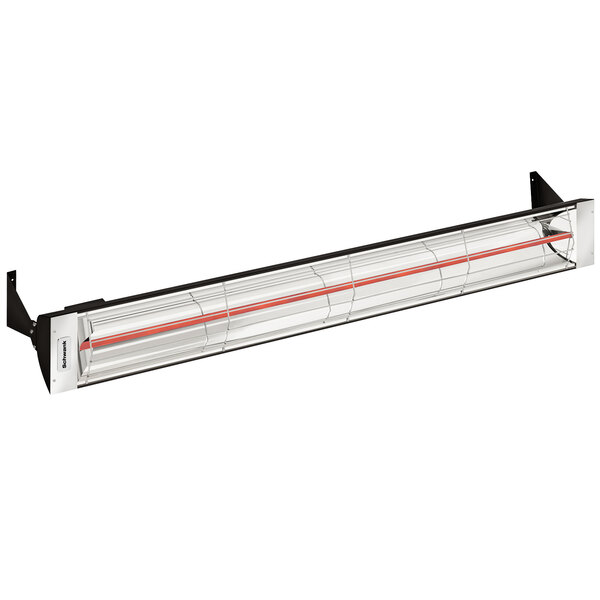 A Schwank black electric patio heater with red stripes on it.