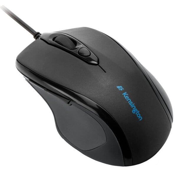 A black Kensington Pro Fit USB wired mouse with a cord and blue writing on it.