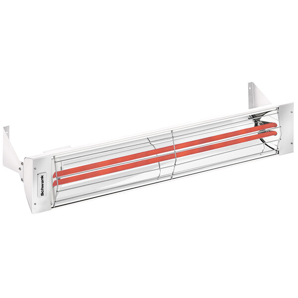 A white and red Schwank indoor/outdoor patio heater.