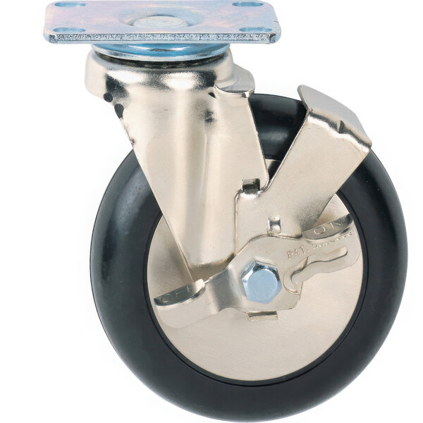 A black Metro plate caster with a silver metal wheel and plate.