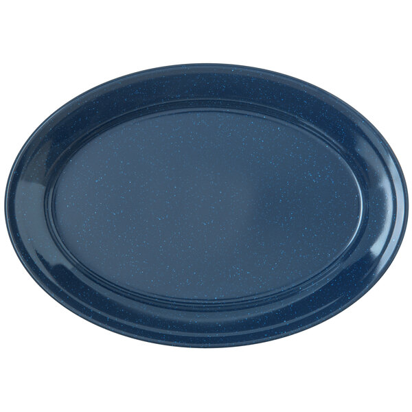 A Carlisle blue oval platter with a dark blue rim.