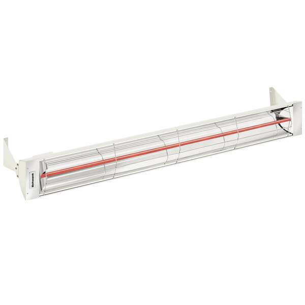 A white rectangular outdoor patio heater with red lines on the sides and a red handle.