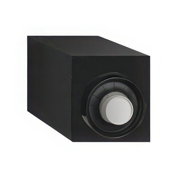 A black Vollrath countertop cup dispenser with a white round knob.