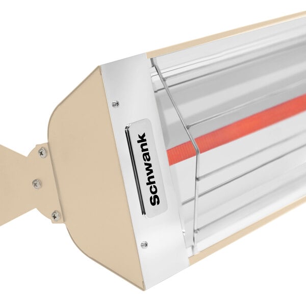 A beige Schwank outdoor patio heater with a red light.
