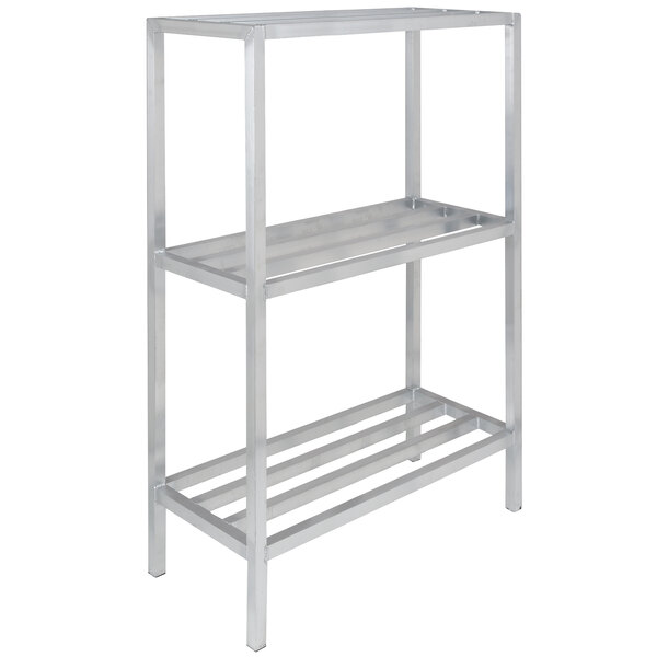 A silver metal Channel dunnage shelving unit with three shelves.