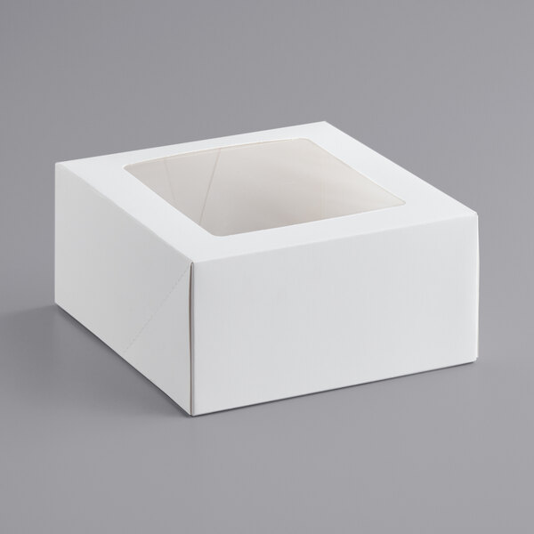 A white square bakery box with a window.