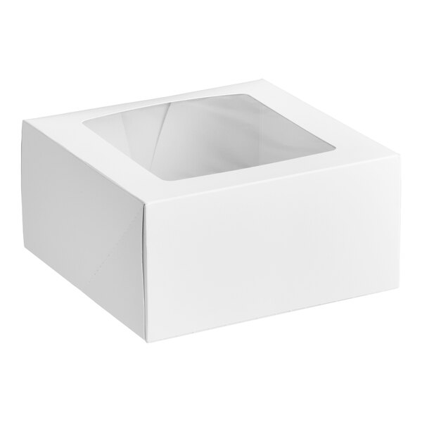 A white bakery box with a clear window on top, measuring 8 inches by 8 inches by 4 inches.