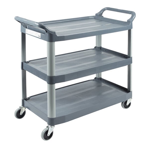 A Rubbermaid gray three shelf utility cart with wheels.