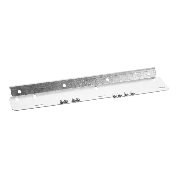 A metal plate with two screws and holes.