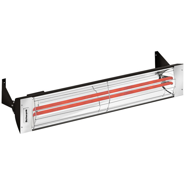 A Schwank black outdoor patio heater with red lights.