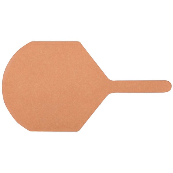 A brown wooden pizza peel with a handle.