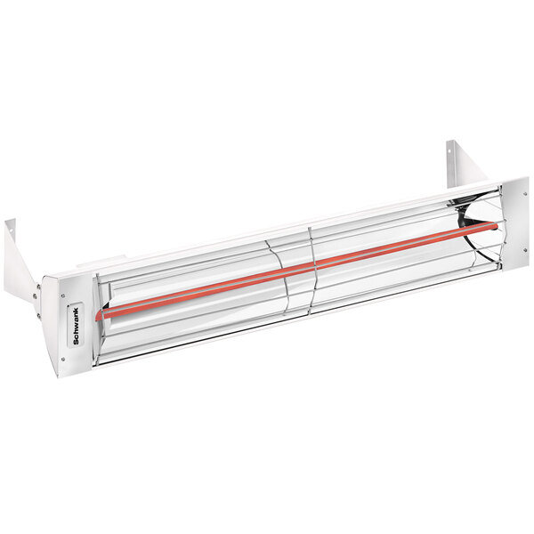 A white Schwank outdoor patio heater with red lights on the front.