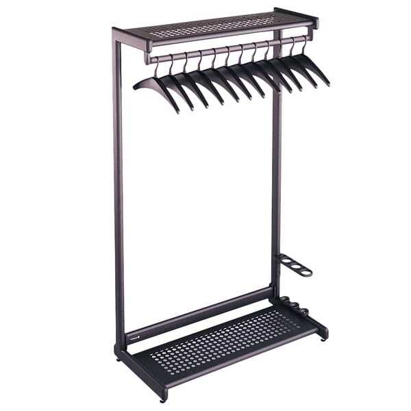 A black metal Quartet garment rack with two shelves and 12 hangers on it.