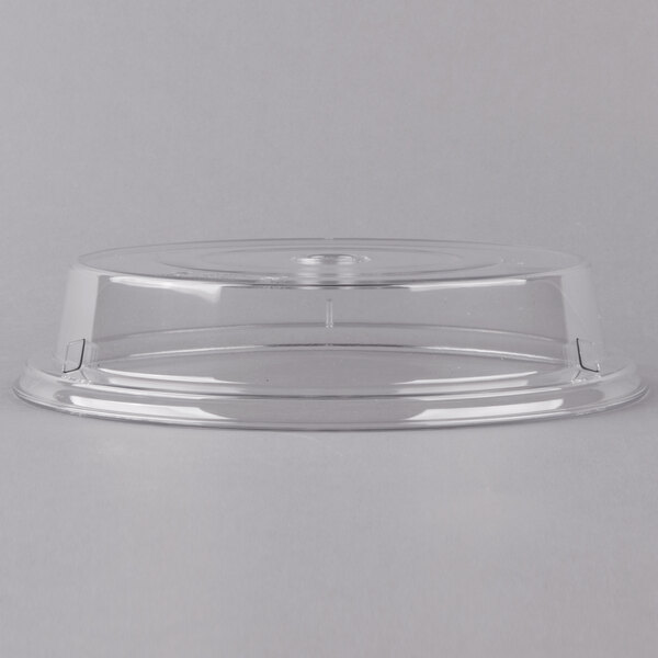 A clear plastic Cambro plate cover on a plate.