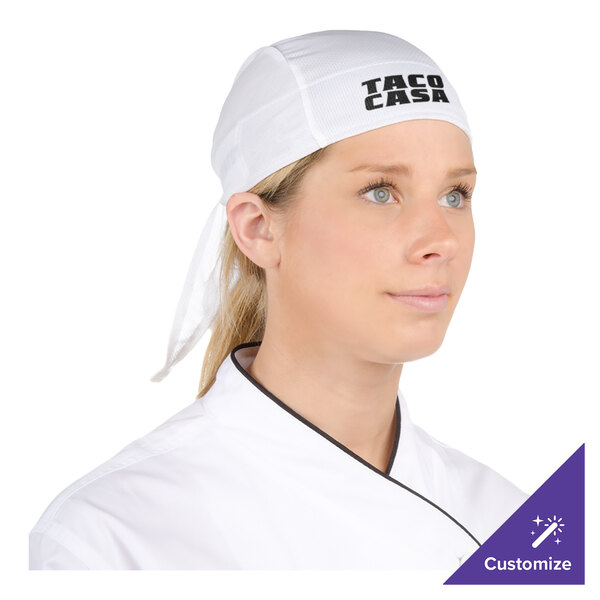 A woman wearing a white Headsweats chef bandana.