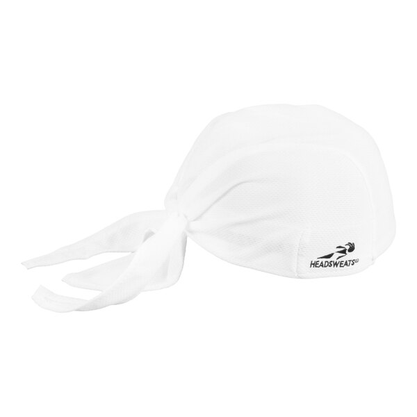 A white fabric bandana with ties at the back and a small logo on the side.
