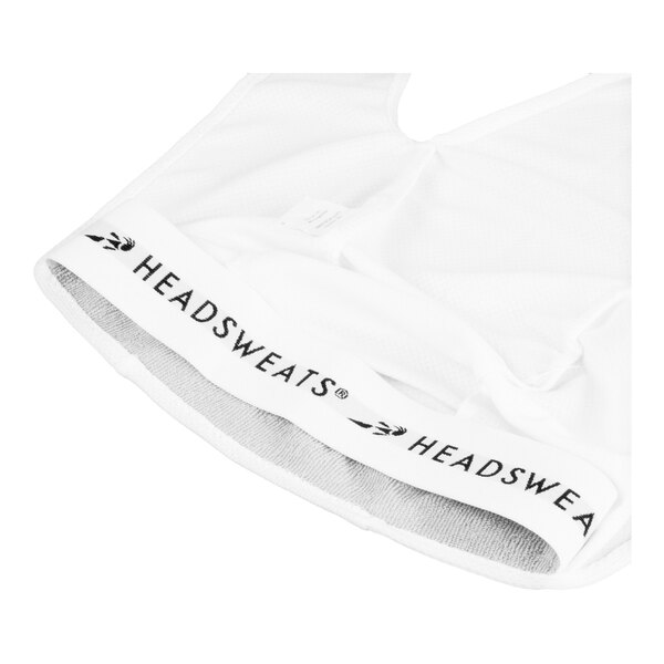 A close-up view of a white fabric bandana or do rag with an elastic band labeled 'HEADSWEATS' in black text.