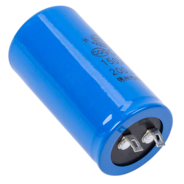 A close-up of a blue capacitor with black and white text.