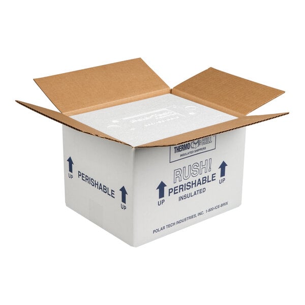A white insulated shipping box with foam container and printed labels for perishable items.