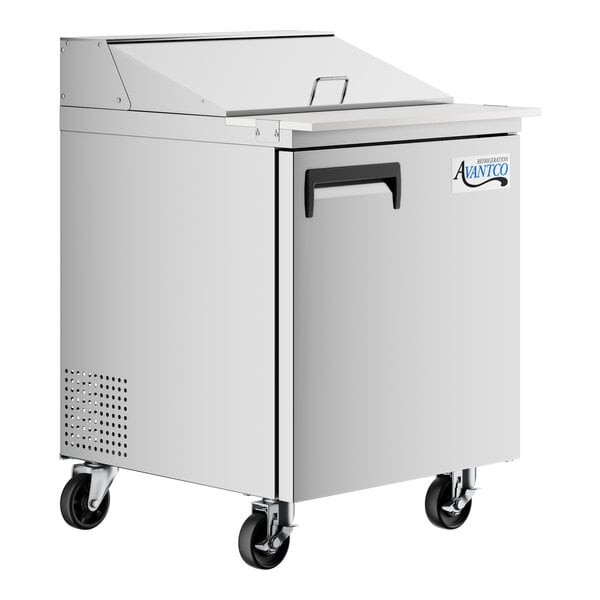 An Avantco stainless steel refrigerated sandwich prep table on wheels with a black handle.