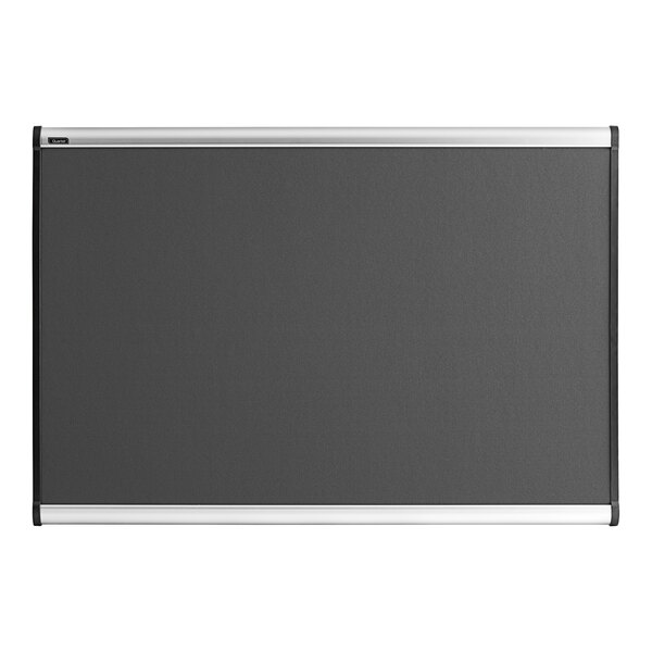 A black bulletin board with a white border and silver trim.