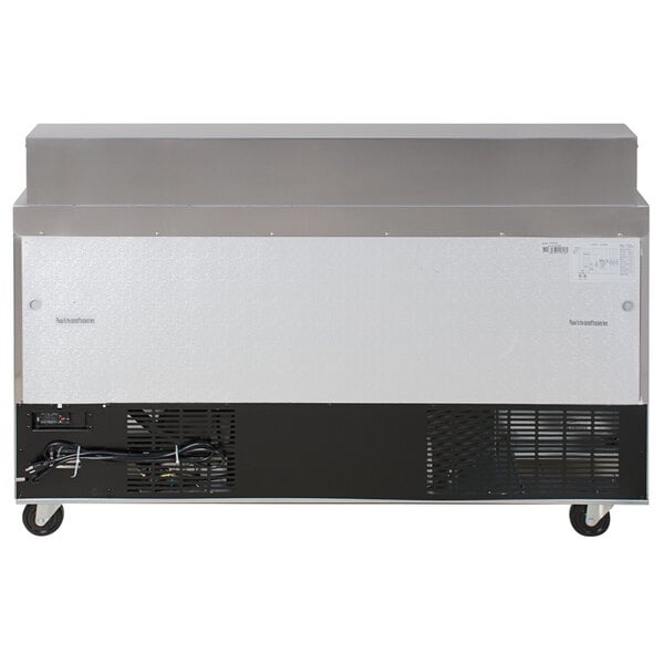 An Avantco stainless steel refrigerated sandwich prep table with a white top.