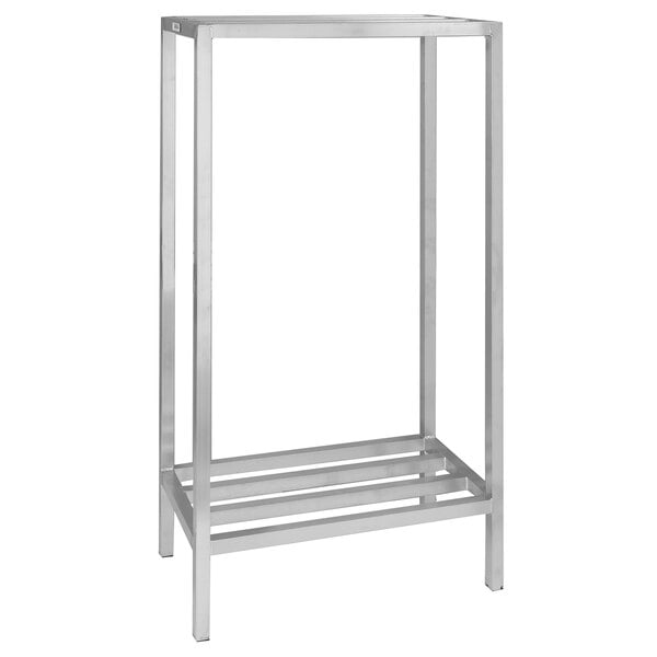 A silver metal Channel dunnage shelving unit with two shelves.