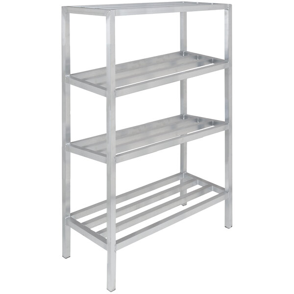 a silver metal shelf with four shelves