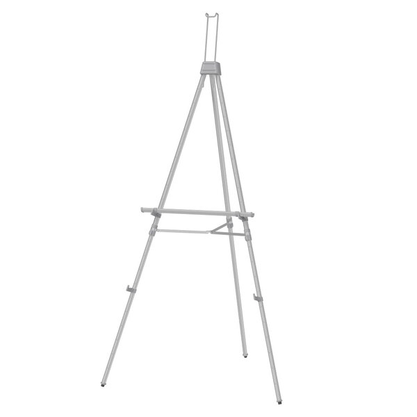 A silver aluminum Quartet display easel with a metal tripod stand.