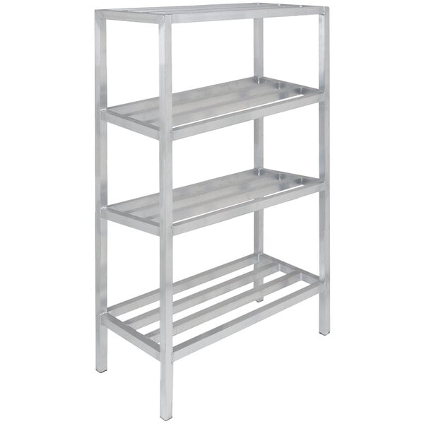 An aluminum Channel dunnage shelving unit with four shelves.