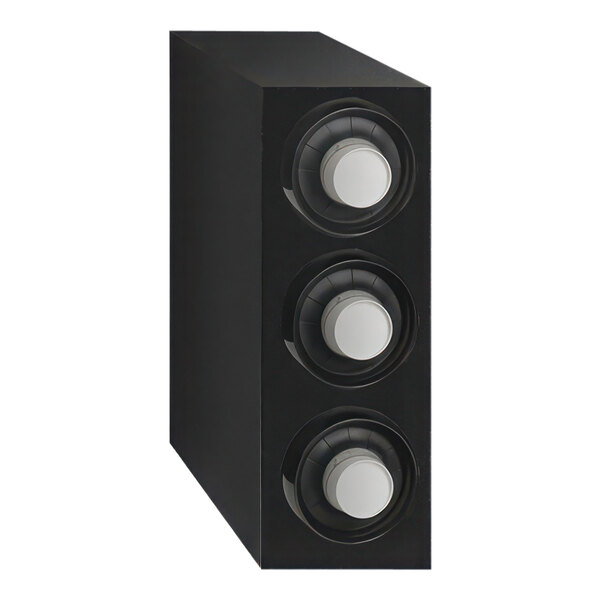 A black rectangular Vollrath countertop cup dispenser cabinet with three white knobs.