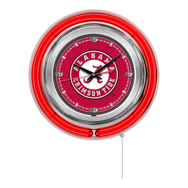 A red and white clock with a University of Alabama logo on a silver frame.