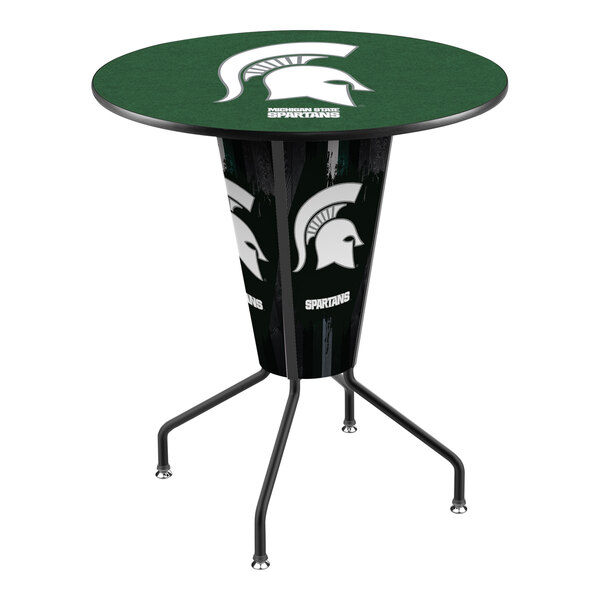 A green Holland Bar Stool pub table with a white Michigan State University logo on it.