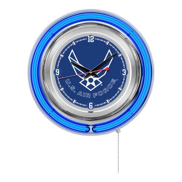 A white Holland Bar Stool clock with blue neon light and the United States Air Force logo.