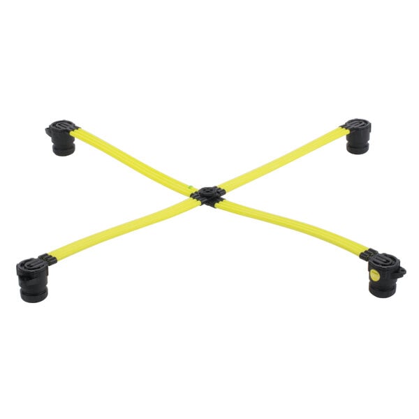 A yellow and black FLAT Tech table pad with two legs.
