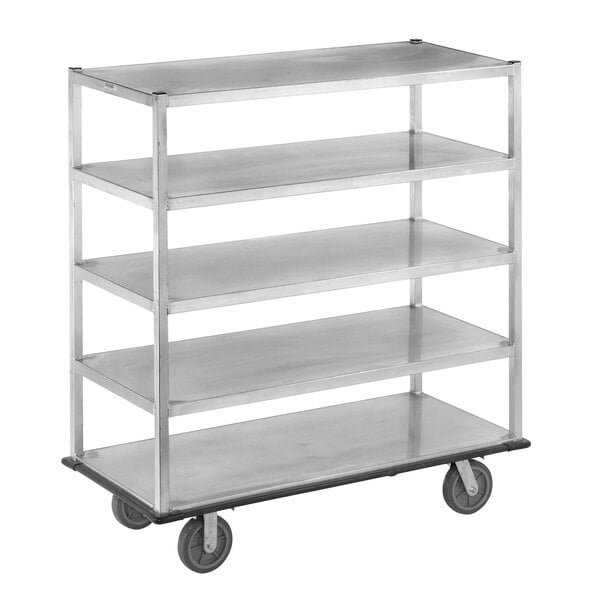 A metal shelf on wheels.