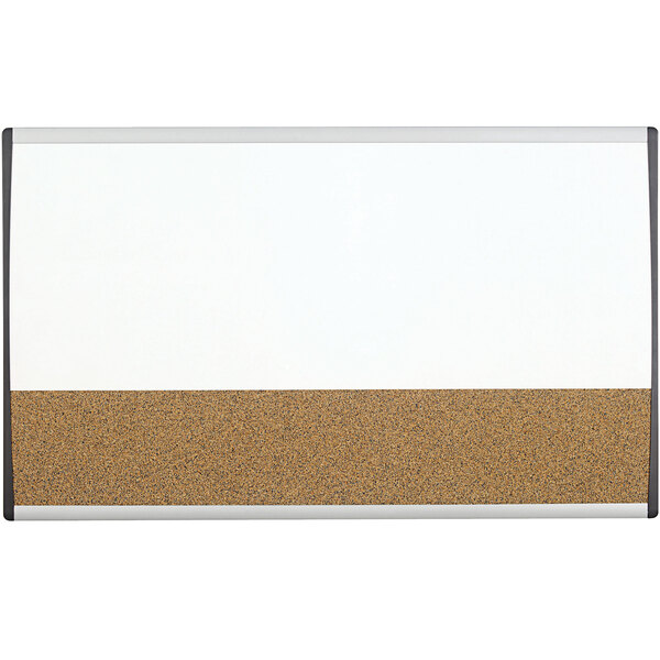 A white board with a white border and brown cork board.