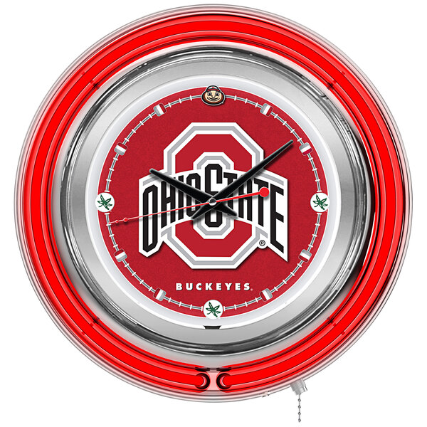 A white Holland Bar Stool clock with a chrome neon Ohio State University logo.