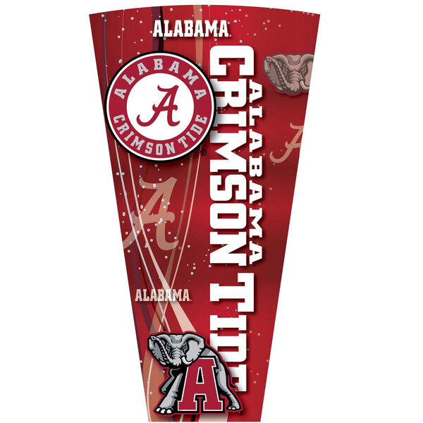 A red and white University of Alabama logo on a round table top with a red and white striped border.