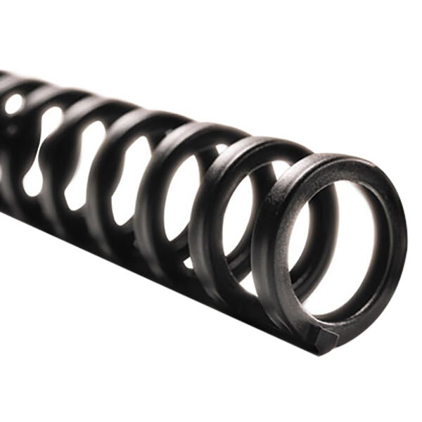 A close-up of a black coil spring with four rings.