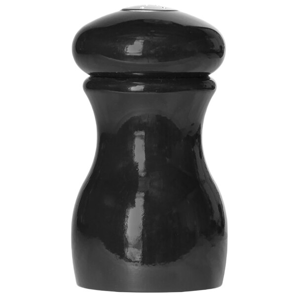 A close up of a black Fletchers' Mill Marsala salt shaker with a white top.