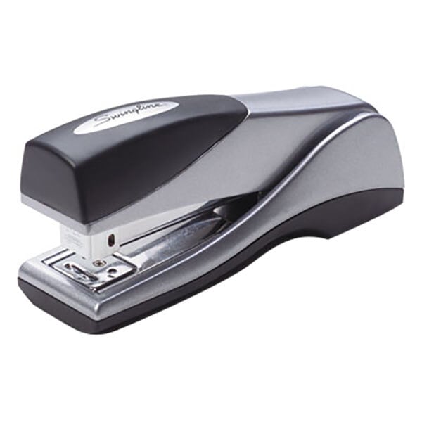 A black and silver Swingline Optima Grip stapler.