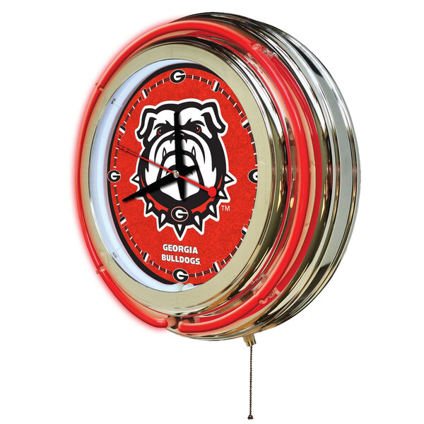 A white clock with red and silver accents and the University of Georgia bulldogs logo in red and white neon.