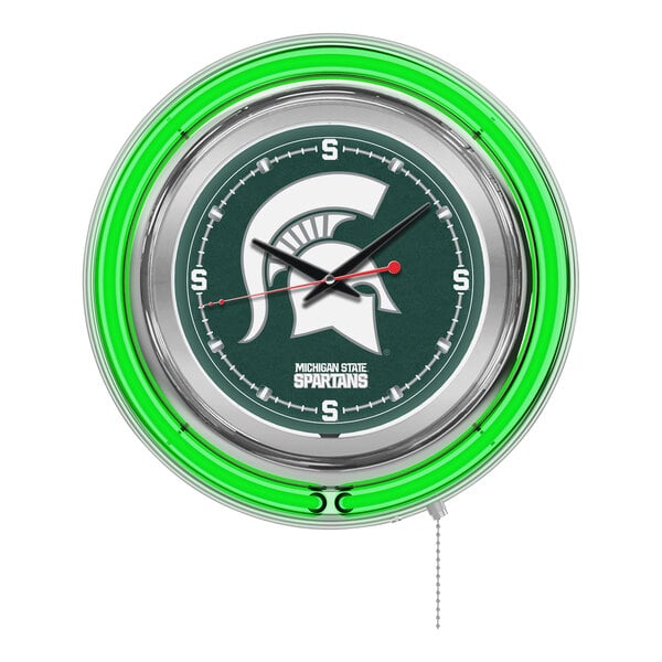 A green and silver clock with a neon Michigan State Spartans logo.