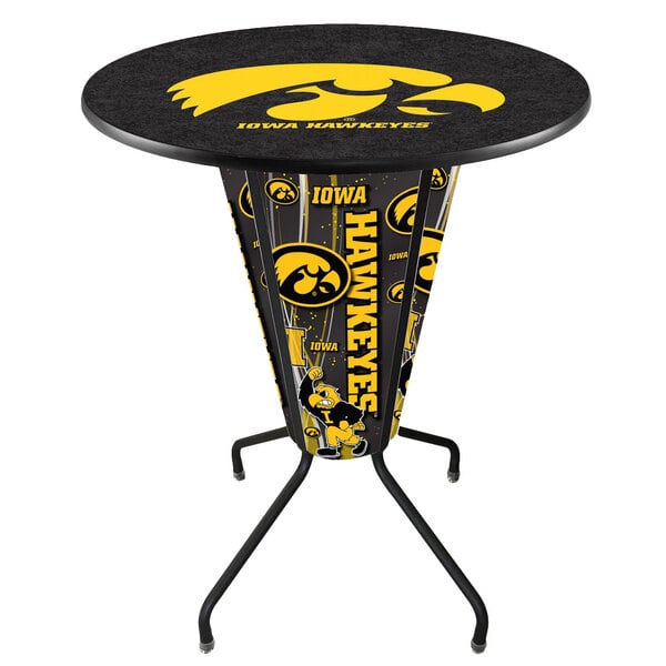 A Holland Bar Stool University of Iowa LED pub table with the Iowa Hawkeyes logo on it.