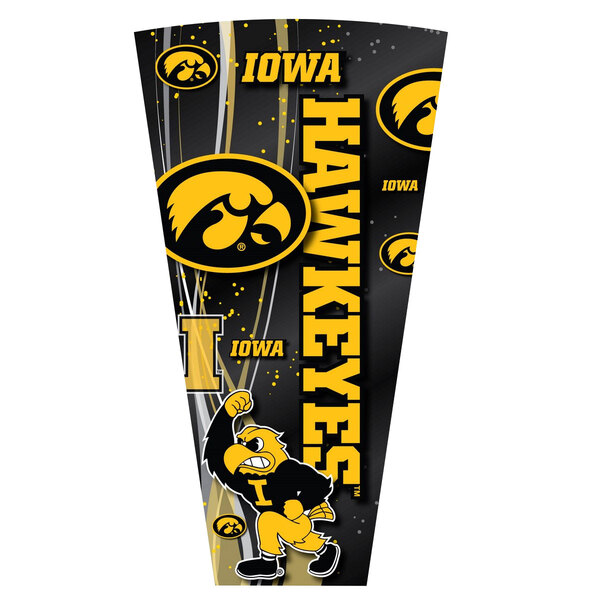 A black and yellow round pub table with the University of Iowa Hawkeyes logo and LED lights.