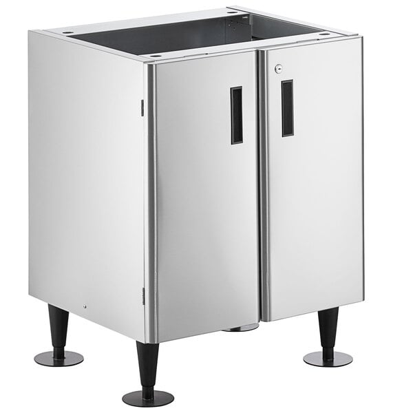 A silver stainless steel Hoshizaki stand with two drawers on black legs.